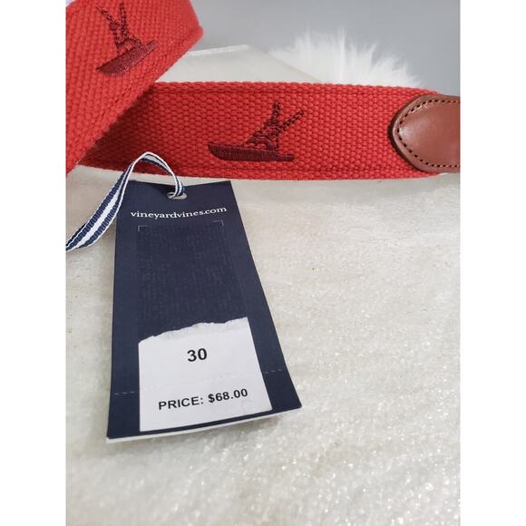 NEW SZ 30 Vineyard Vines Jetty Red Cotton Leather EMB ICON Canvas Club sailboat - Picture 5 of 5